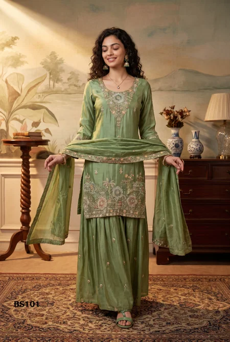 Green Colour Luxuria Vol 1 By Beriston Tissue Silk Sharara Suit BS101
